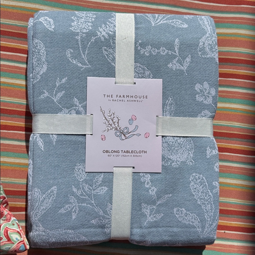 Rachel Ashwell Easter Blue Bunny Rabbit Toile Tablecloth Farmhouse Cotton 60x120 - Picture 2 of 4